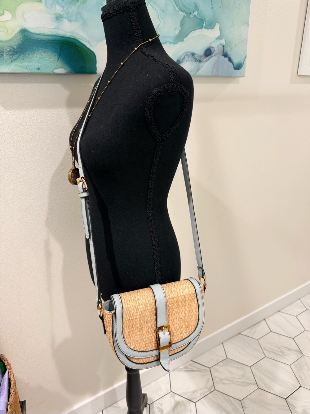 Woven Straw Crossbody Bag with Light blue Trim